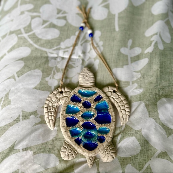 VTG Stone Blue Glass Sea Turtle Nautical Wall Hanging Decor Beaded Accent - Picture 5 of 8